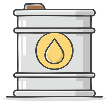 Cartoon style oil barrel illustration with yellow drop inside circle on grey background.