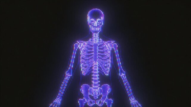 K Neon glowing human skeleton on black background for motion graphics, AI anatomy overlay, medical HUD, cyberpunk interface, screen mode, X-ray style skeleton render, glitch overlay, futuristic,