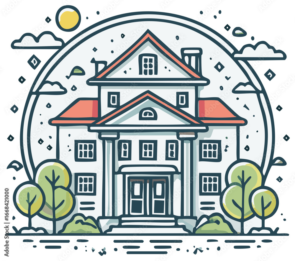 Poster illustrated two-story home with trees and clouds around a circular border graphic style