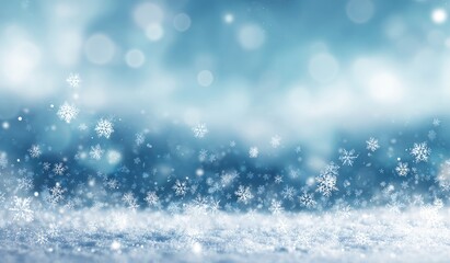 Soft-focus winter scene with falling snowflakes over a snowy ground against a blurred, light-blue background