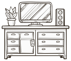 Line art illustration of a television set speaker and potted plant on a wooden media cabinet