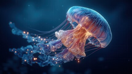 Bioluminescent Jellyfish Floating in Deep Ocean, Underwater Marine Life, Glowing Tentacles, Deep Sea Creature, Aquatic Ecosystem