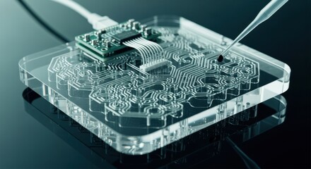 Close up of circuit board with pipette for scientific research