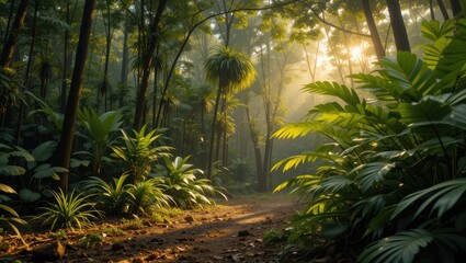 Fototapeta premium Sunlight Filtering Through Lush Green Trees in a Serene Forest Path at Morning