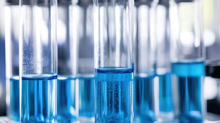 Blue liquid in lab test tubes, scientific research experiment scene
