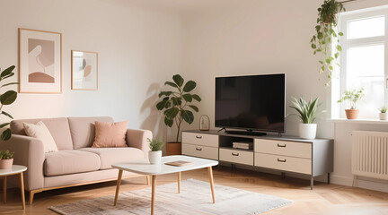 Sleek Living Room Featuring a Comfortable Sofa, Stylish TV Unit, and Lush Plants, Emphasizing Modern Minimalism and Cozy Ambiance