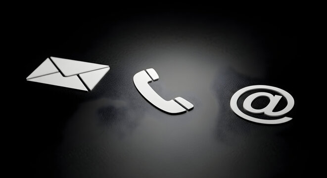 Contact us icons representing email, phone, and online communication on a black background