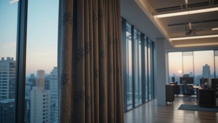Contemporary Office Space With Elegant Curtains and Panoramic City View at Sunset