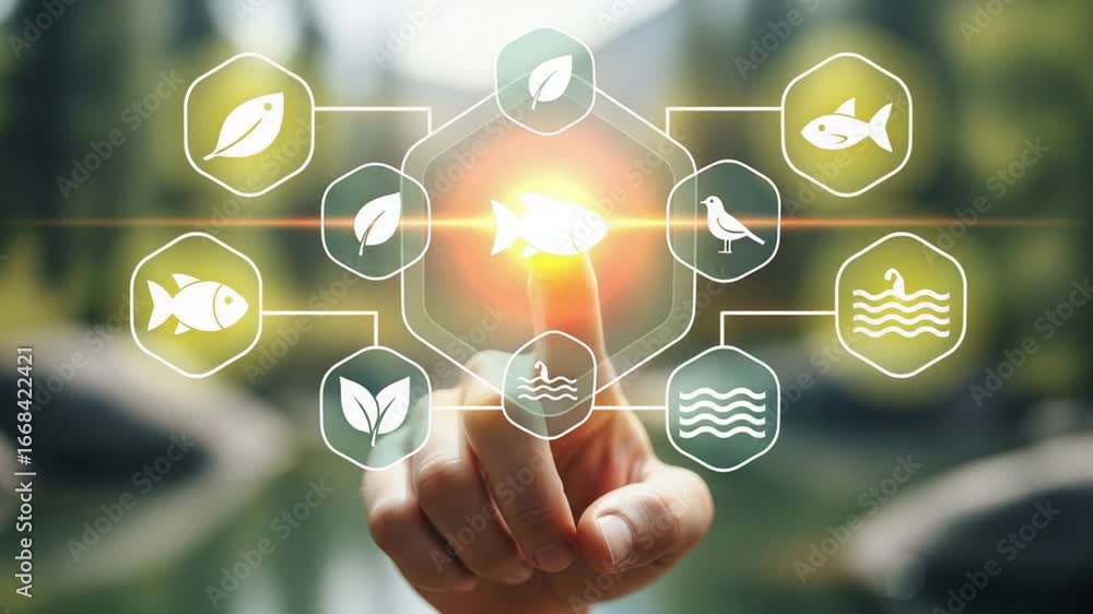 Poster finger touching a glowing hexagon with nature icons over a blurred lake and forest background view