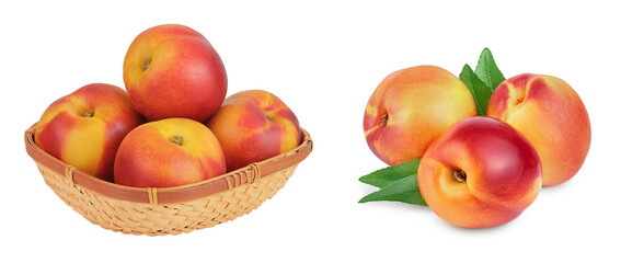 Ripe nectarine fruit in a wicker basket isolated on white background with full depth of field