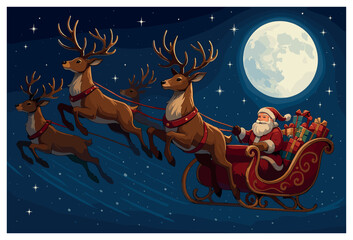 Reindeer sleigh flight vector: christmas magic, santa's journey, festive holiday night scene