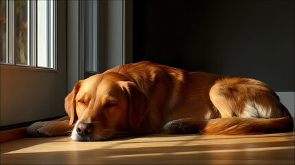 Labrador Dog Sleeping Peacefully in Sunlight on a Wooden Floor Near a Window