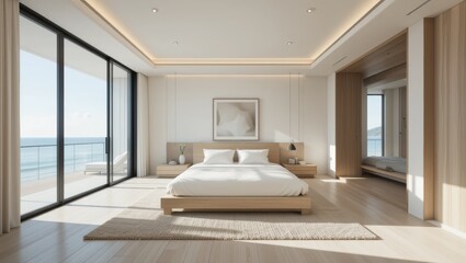 Spacious Minimalist Bedroom with Ocean View and Natural Light in Contemporary Design