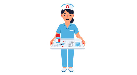 Fototapeta premium Smiling female nurse holds a medical tray with medication and supplies.