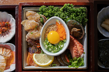 Korean soy sauce marinated crab, shrimp, octopus, abalone