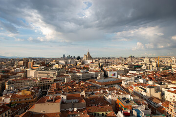 Panoramic aerial view of Plaza Mayor and Madrid city skyline, Spain