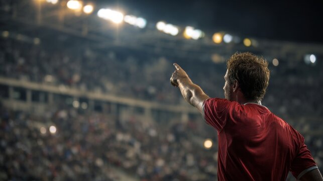 A soccer player points to the crowd during a match in the illuminated stadium. - Powered by Adobe