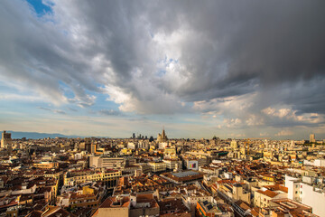 Panoramic aerial view of Plaza Mayor and Madrid city skyline, Spain