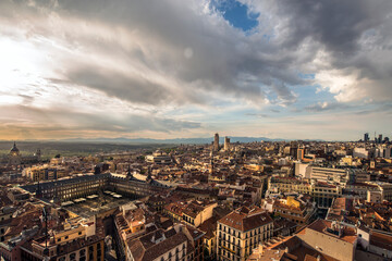 Panoramic aerial view of Plaza Mayor and Madrid city skyline, Spain