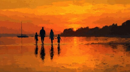Family walking at sunset on beach during summer vacation, holding hands, with sailboat in background, silhouetted