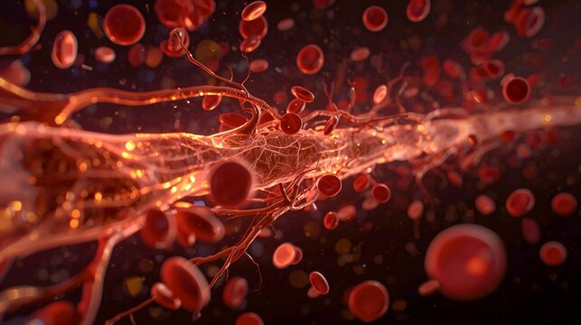 Microscopic Red Blood Cells Flow in Human Vein and Vessel Biology Anatomy Plasma.