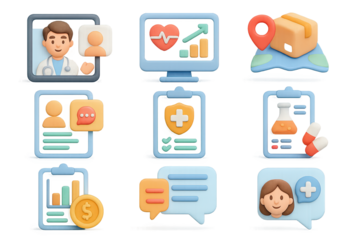 Cartoon style medical and communication technology icons for digital health a…