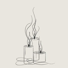 Elegant vector line art of three burning candles with flowing flames, perfect for spiritual, holiday, relaxation, and decorative design projects