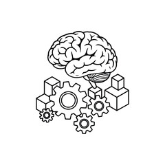 Conceptual illustration of human brain connected to gears and cubes representing technology and innovation