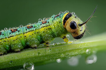 Armyworm pest attack that damages green leaves, leaf texture with holes, close-up macro details, realistic