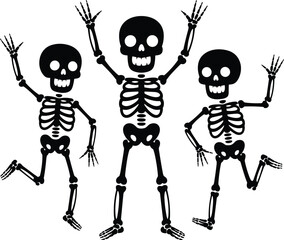Funny dancing skeletons illustration, happy skeleton cartoon characters, spooky Halloween celebration design, scary skeleton dance vector art, festive skull bones graphic