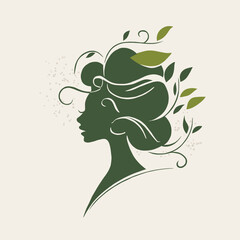 Creative vector illustration of a woman’s profile with flowing hair transforming into leaves, symbolizing nature, growth, and harmony, ideal for eco and design projects