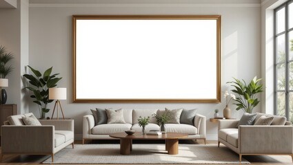 Stylish Living Room with Spacious Layout and Empty Frame for Artwork Displaying Natural Light