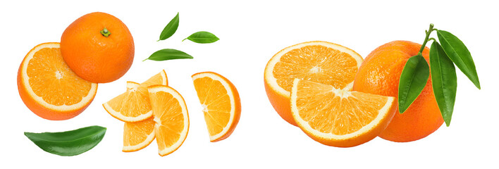Orange fruit slices isolated on white background. Top view. Flat lay.