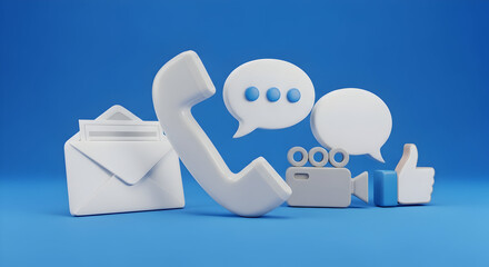 Communication icons representing contact, connection, social media, and digital messaging on blue