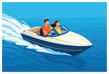 Speedboat adventure vector: couple enjoying water ride, ocean bliss, relaxation, travel fun