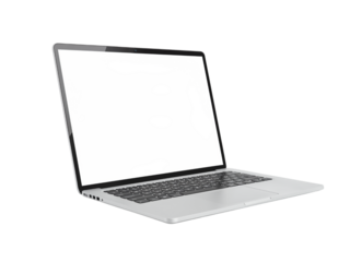 Modern silver laptop open with blank white screen ready for content creation and work transparent background