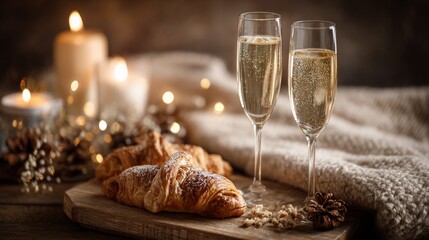 Cozy ambiance with croissants, champagne flutes, candles, and knitted blanket