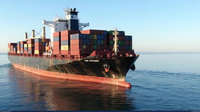 Dynamic Container Ship 'The Voyager' Sailing Vast Blue Ocean Waters, Global Trade Logistics
