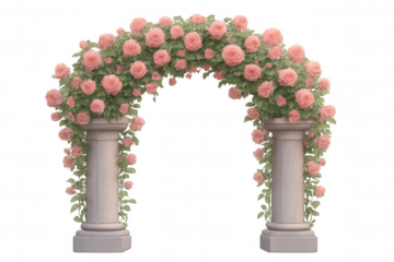 Elegant pink rose archway framing ornate wedding backdrop, architectural wedding design element featuring soft blossoming florals against transparent background