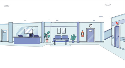 Modern office lobby interior design with waiting area and elevators
