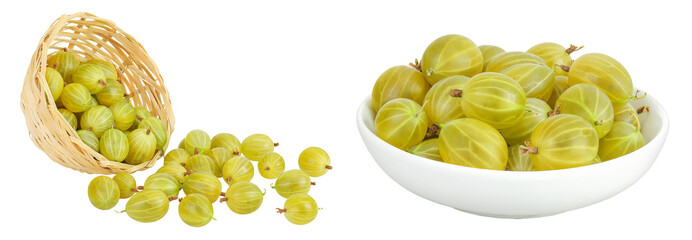 Green gooseberry in a wicker basket and ceramic bowl isolated on white background with full depth...