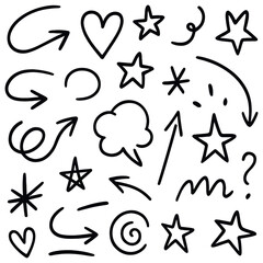 Playful sketchy doodles vector for creative design: abstract arrows, stars, and symbols