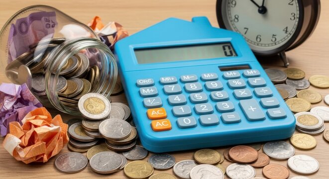 A houseshaped calculator sits among scattered coins and a clock