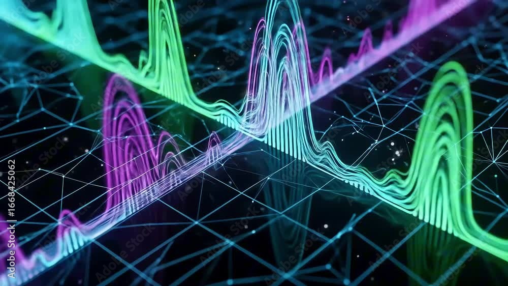 Poster abstract visualization of sound waves and data patterns, showcasing vibrant colors and geometric lin