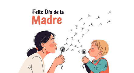 A mother and child blowing dandelion seeds, celebrating Mother's Day with Spanish text.