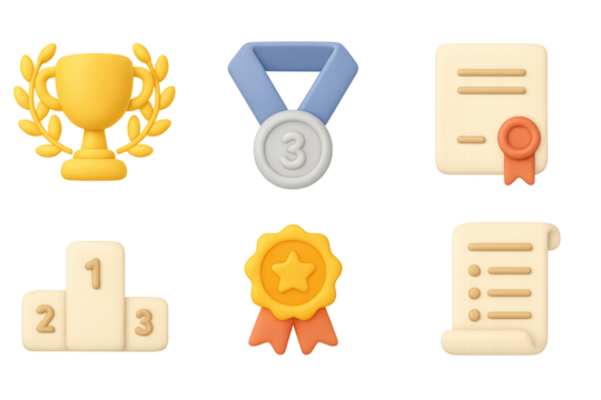 3d icons of awards and achievements: trophy, medal, certificate, podium, badg…