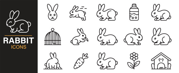 Vector icons of rabbits, bunny hutch, carrots, and grass for animal-themed projects.