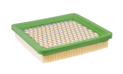 Square air filter with durable green frame for lawn mower isolated on white background.