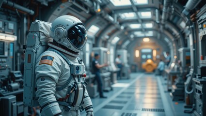Astronaut in High-Tech Space Laboratory with Advanced Equipment and Futuristic Interior Design