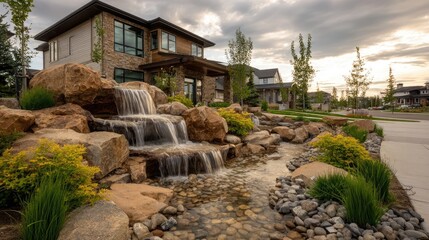 Modern Landscaping with Waterfall Feature in Residential Neighborhood